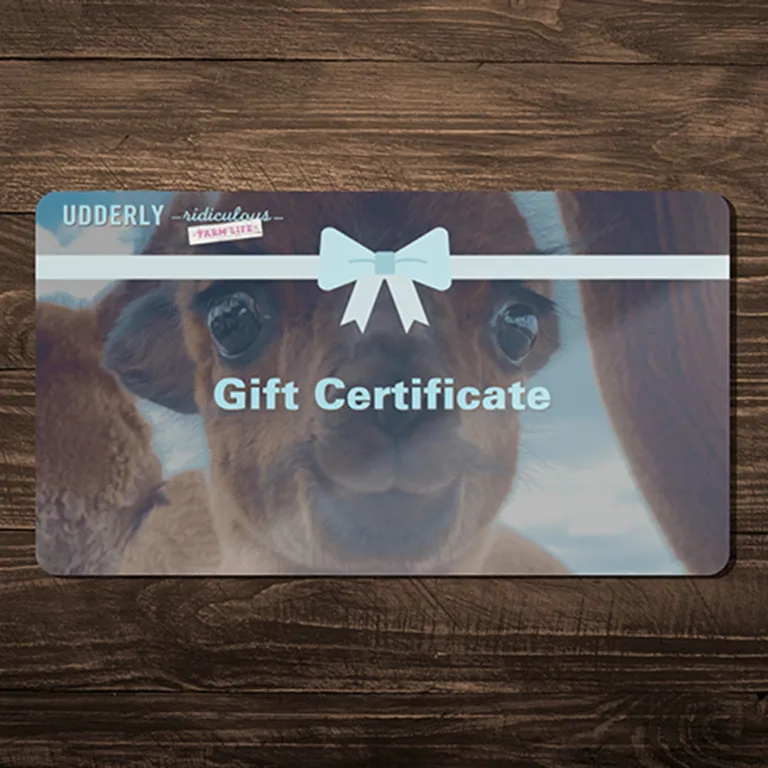 Udderly Ridiculous Farm Life gift certificate featuring a baby alpaca on a wooden background