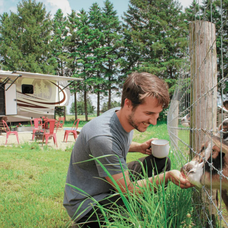 Guest interacting with goats through a fence while enjoying a cup of coffee, with the RV accommodation for the Farm Glamping experience visible in the background at Udderly Ridiculous Farm Life