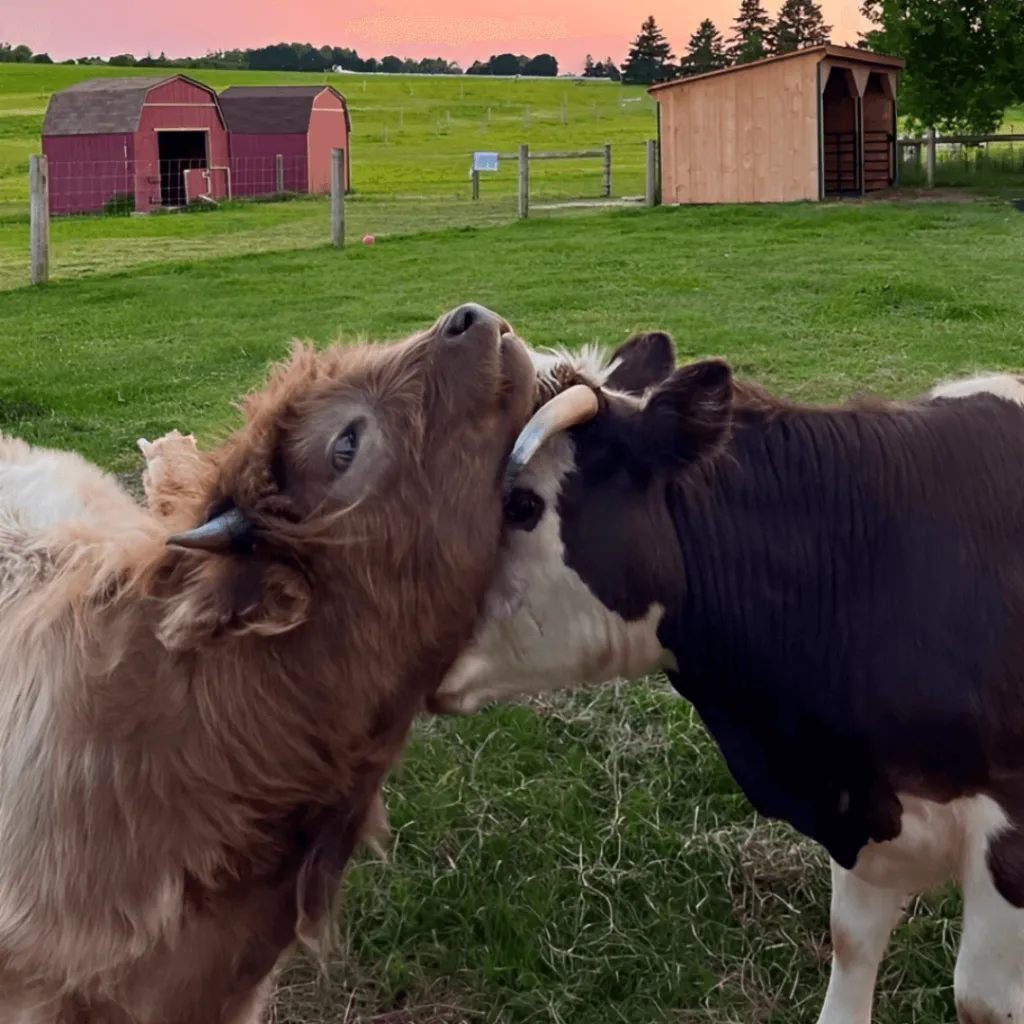 Two mini cows gently nuzzling in a pasture during sunset at Udderly Ridiculous Farm Life.