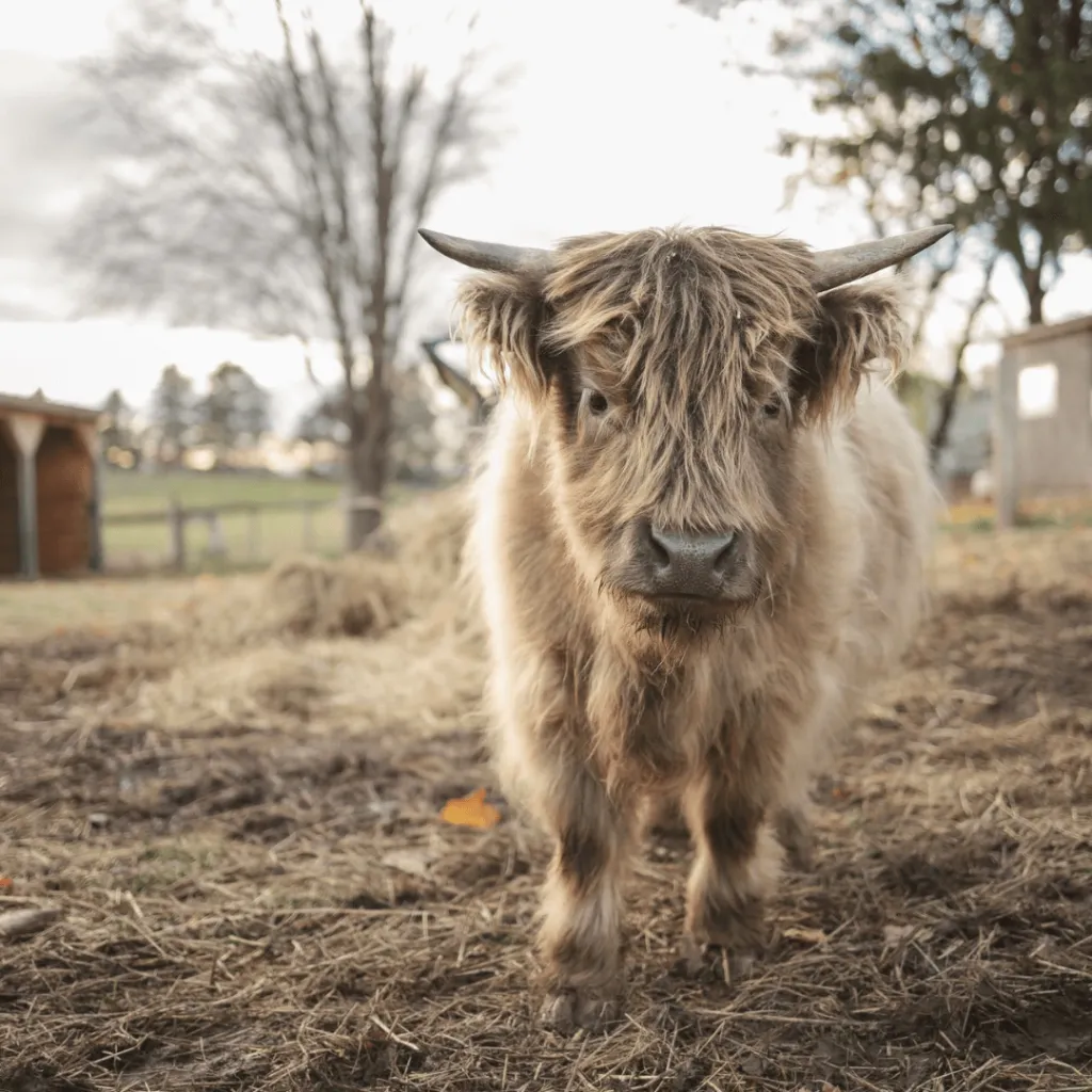 Fluffy mini Highland cow standing in straw with soft light at Udderly Ridiculous Farm Life.