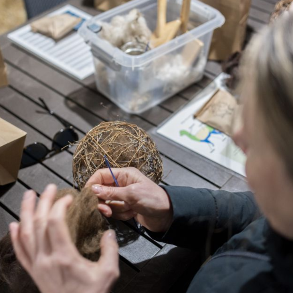 Guest crafting a fibre nesting ball with alpaca fleece using provided tools during the Alpaca Experience at Udderly Ridiculous Farm Life.