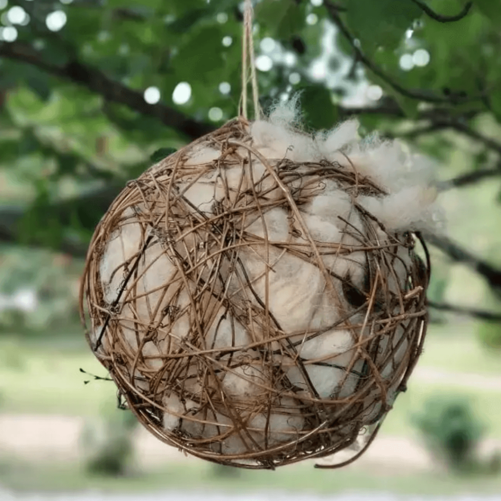 Handcrafted fibre nesting ball made with alpaca fleece, hanging from a tree at Udderly Ridiculous Farm Life.