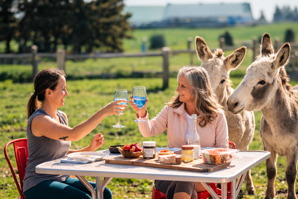 Private miniature donkey sunset picnic