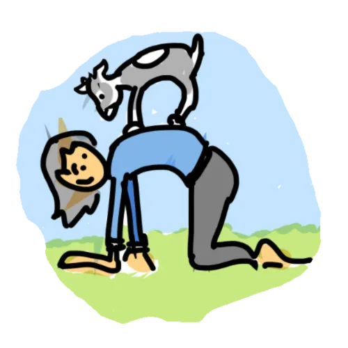 Playful illustration of a person doing yoga with a baby goat standing on their back, symbolizing joy, connection, and authentic farm experiences.